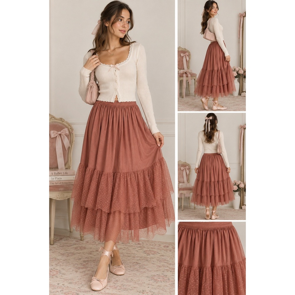 Mia Joy Joyfolie Maxi Skirt Women 12 Terracotta Tulle Tiered Balletcore Coquette